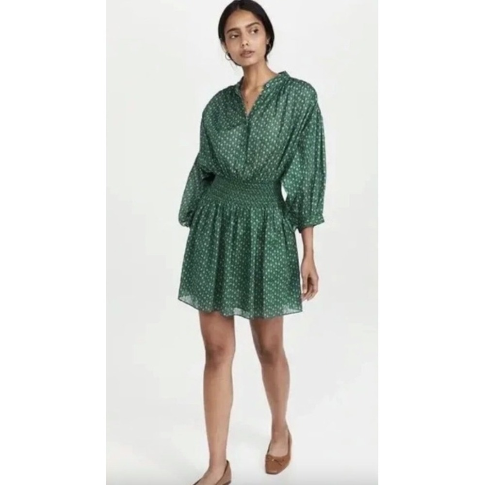 Rebecca Taylor Emerald Green‎ Ikat Cotton Smocked Mini Dress | Size S